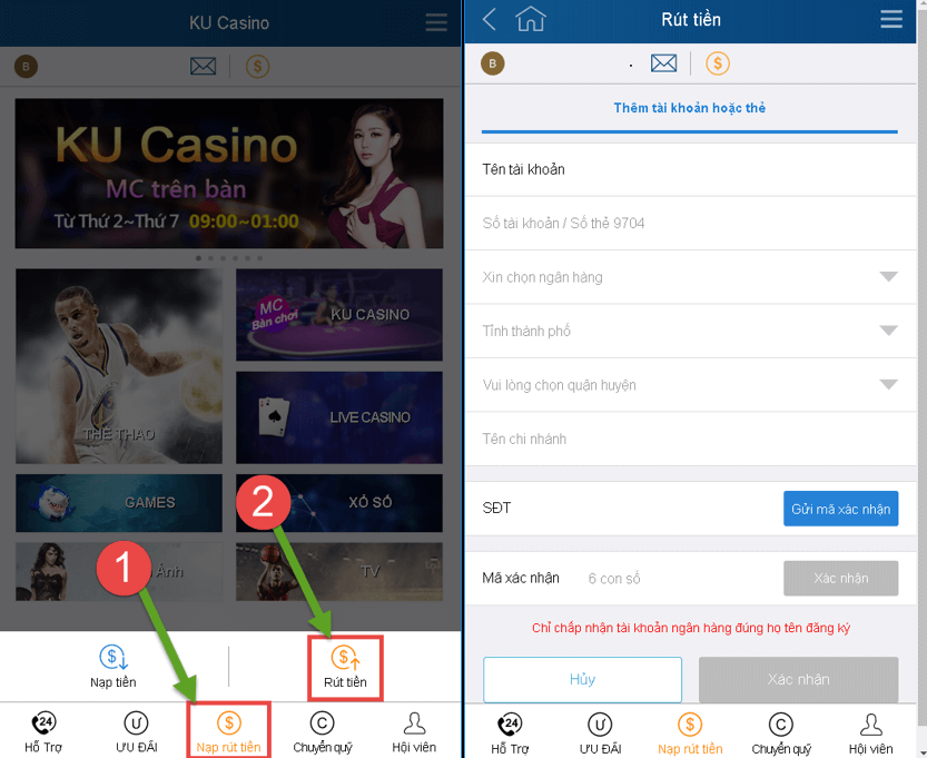 Rút tiền từ đại lý KU999 bước 1