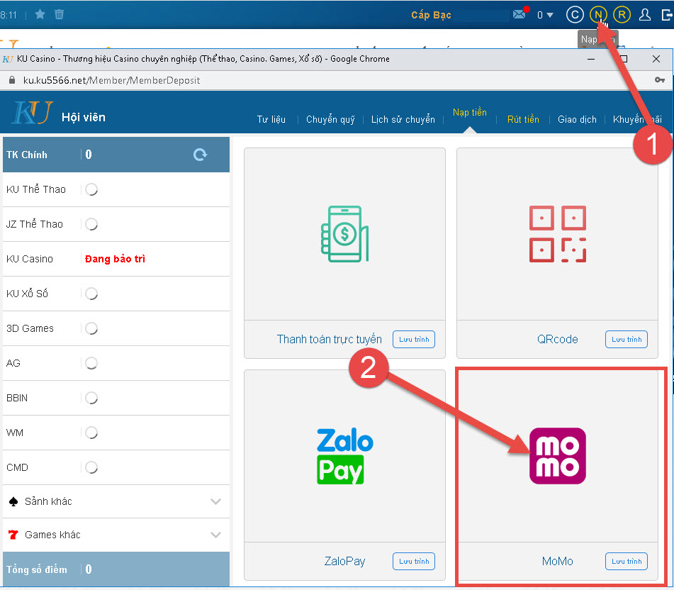 Nạp tiền Momo trên máy tính