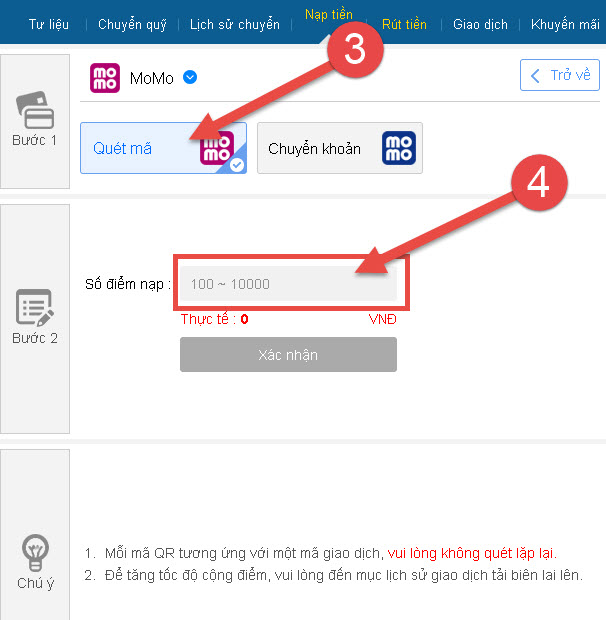 Nhập số điểm đã nạp