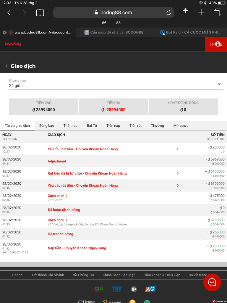 hình ảnh giao dịch lừa đảo của bodog88 trên bodog