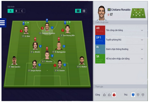 Cài đặt thống kê chiến thuật đơn cho đội hình 433