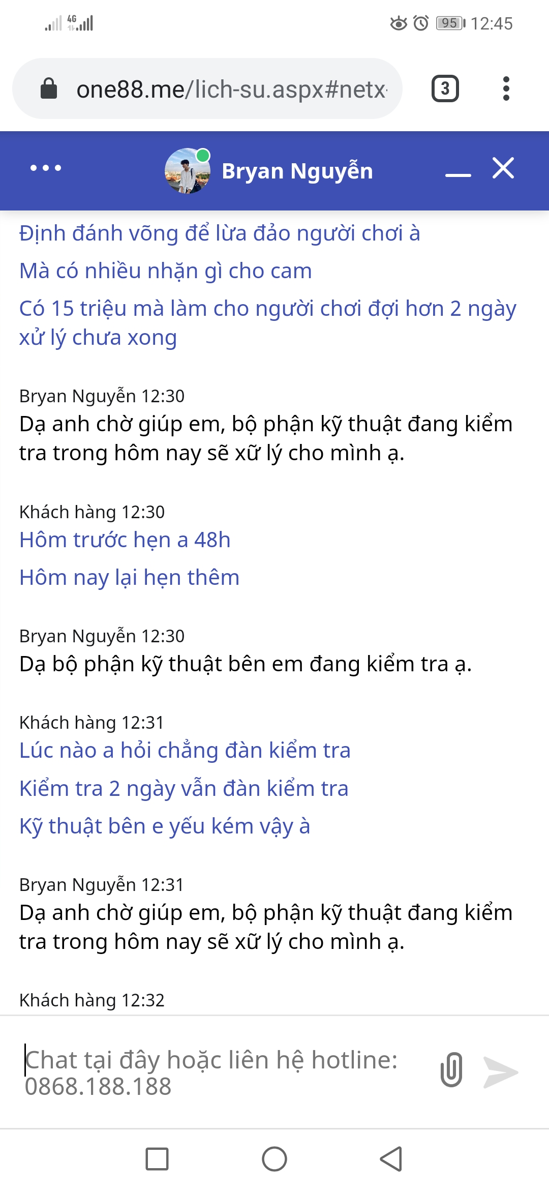 Bằng chứng hỗ trợ trò chuyện với ONE88