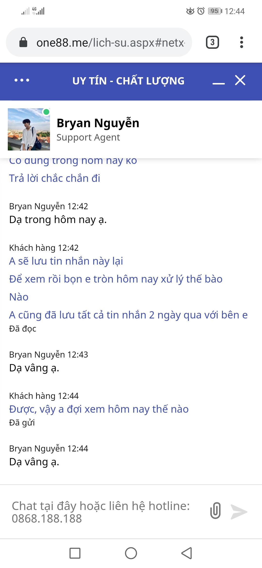 ONE88 Hỗ trợ Chat bằng chứng 4