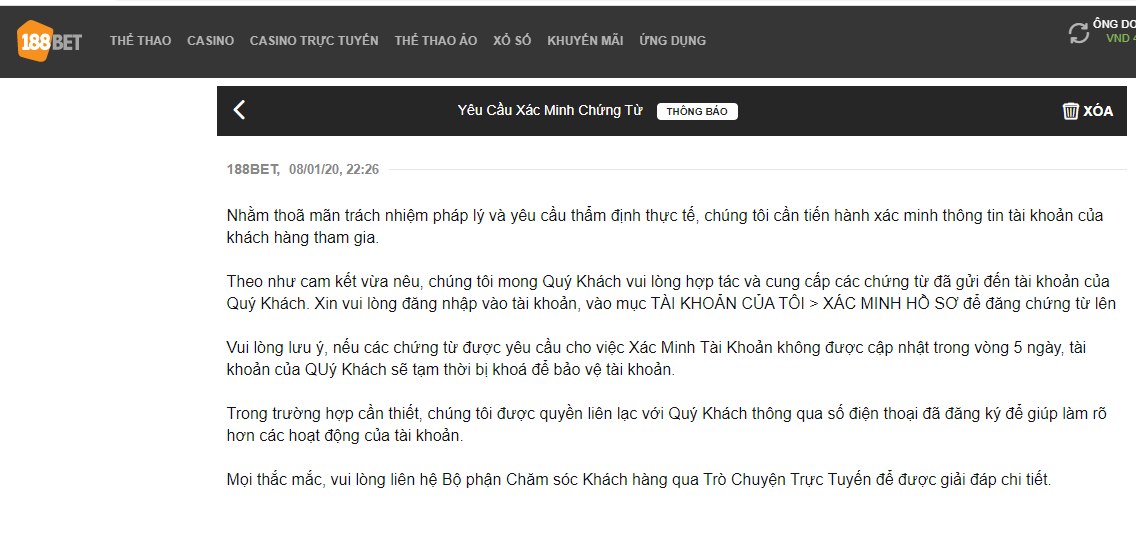 Các yêu cầu bất hợp lý của 188BET đối với việc xác minh tài khoản