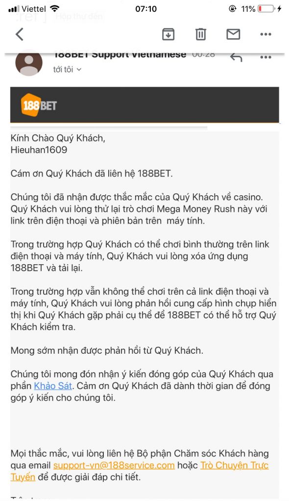 Seal 188BET trả lời email như một bot tự động