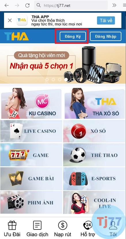 giao diện đăng ký thabet