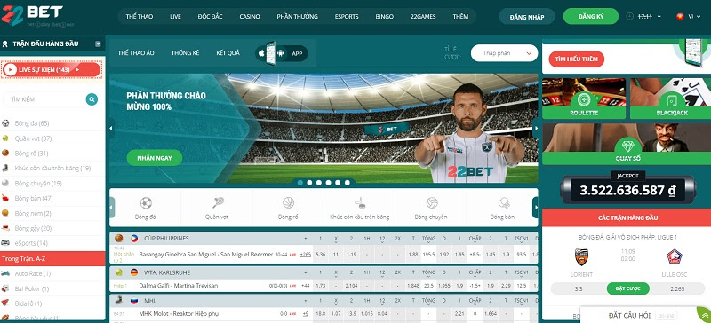 Nhà cái 22Bet là điểm đến quen thuộc của hầu hết các bạc thủ