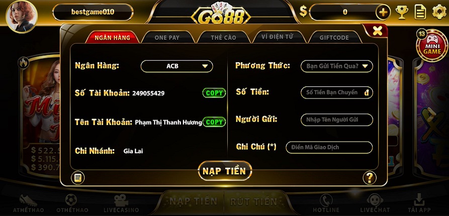 Gửi và rút tiền game đánh bài Go88