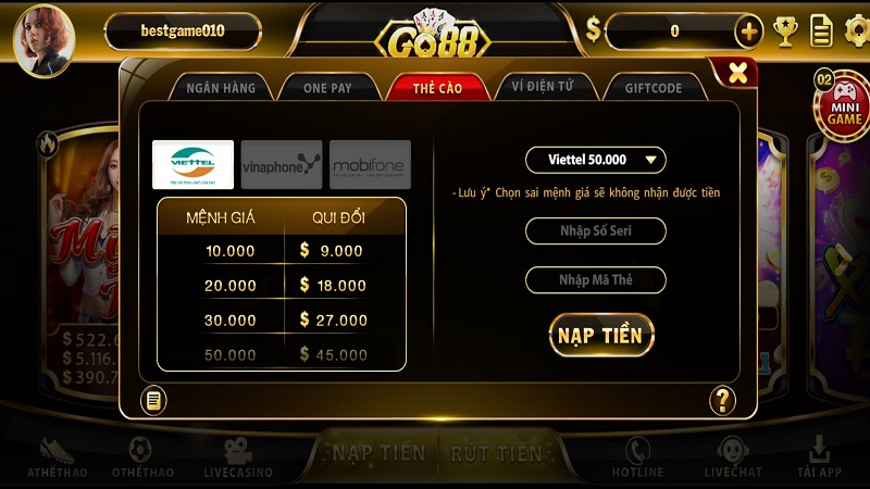 Gửi và rút tiền game đánh bài Go88