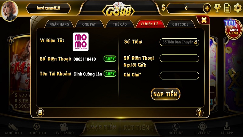 Gửi và rút tiền game đánh bài Go88
