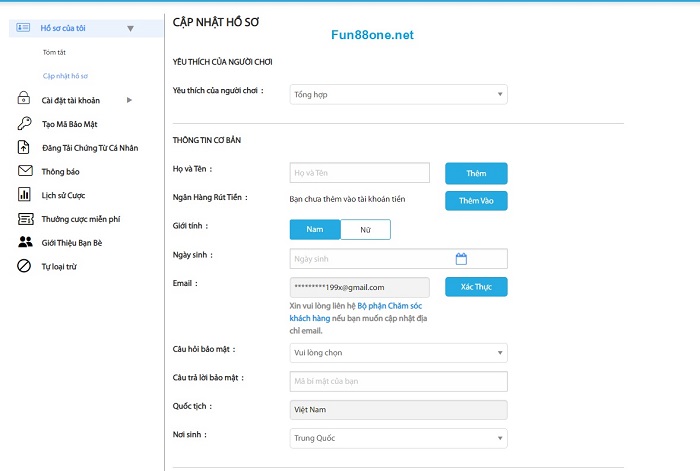 Cập nhật thông tin hồ sơ đăng ký fun88
