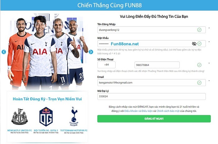 Hướng dẫn đăng ký fun88 điền thông tin cá nhân