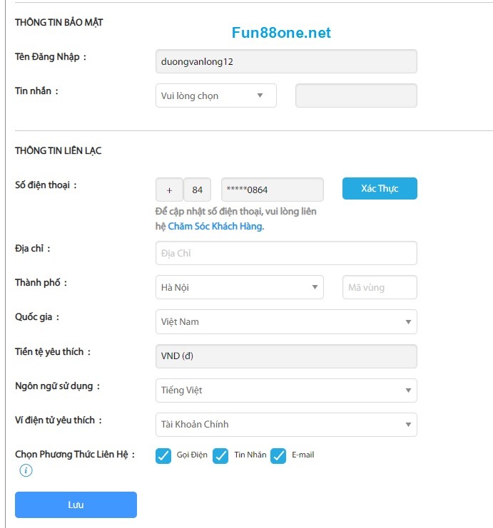 Cập nhật thông tin bảo mật khi đăng ký fun88