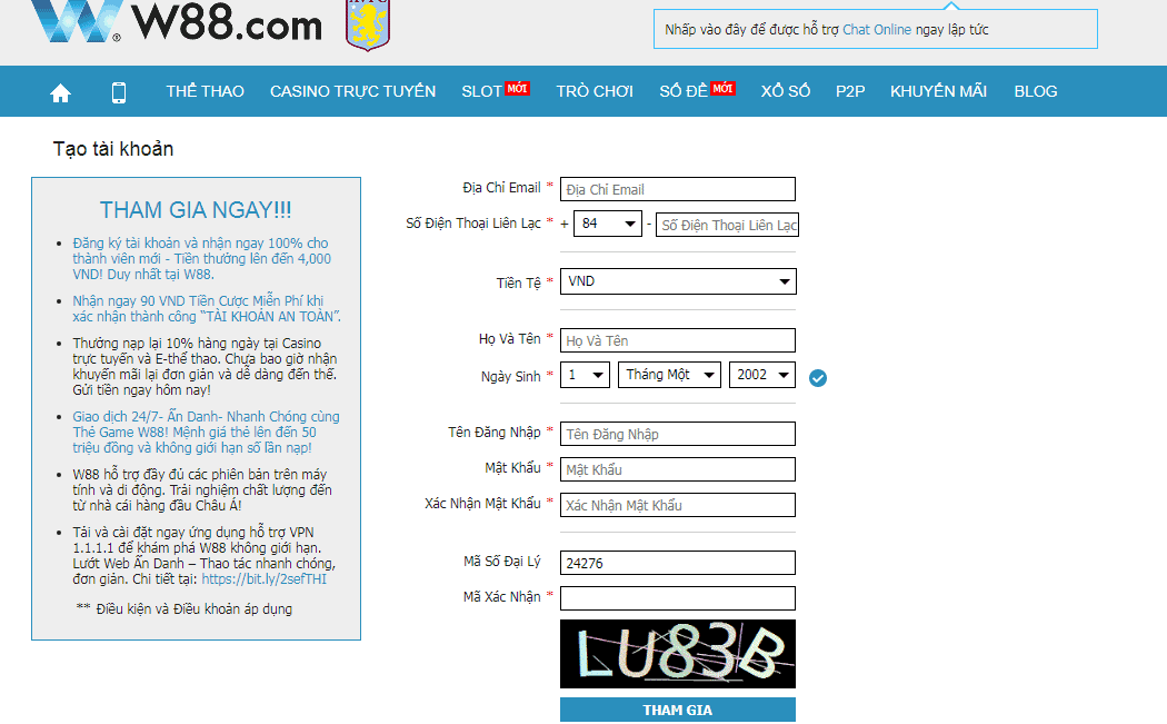 Đăng ký chơi lô tô trên w88