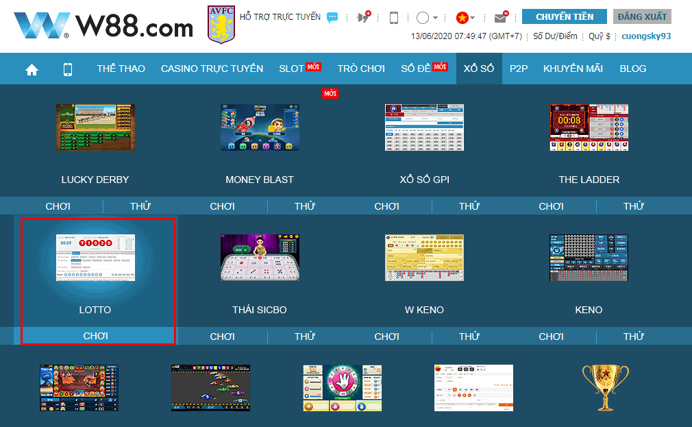 chơi xổ số trực tuyến trên W88